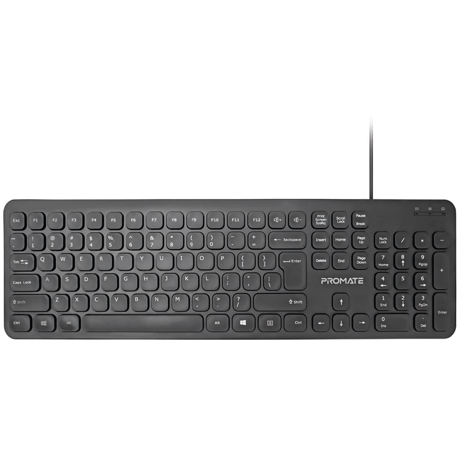 Promate Wired Keyboard, Ultra-Slim Full-Size 106-Keys Quiet Keyboard with 1.6m USB Cord Length, Built-In Foldable Stands and Volume Control Keys for MacBook Pro, ASUS, Dell, EasyKey-4 English Arabic
