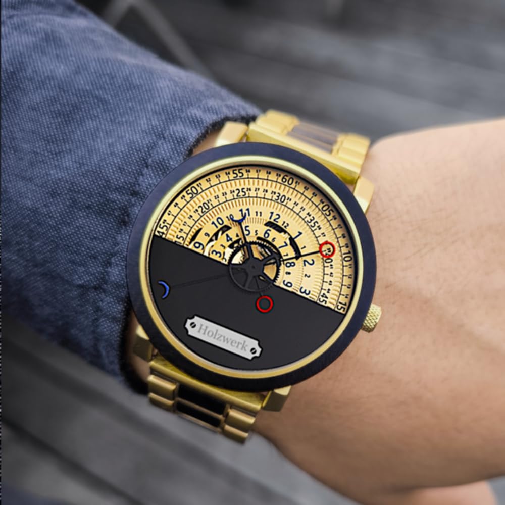 Holzwerk Automatik Herren-Uhr Öko Natur Holz-Uhr Holz Armband-Uhr Schwarz Gold Analog