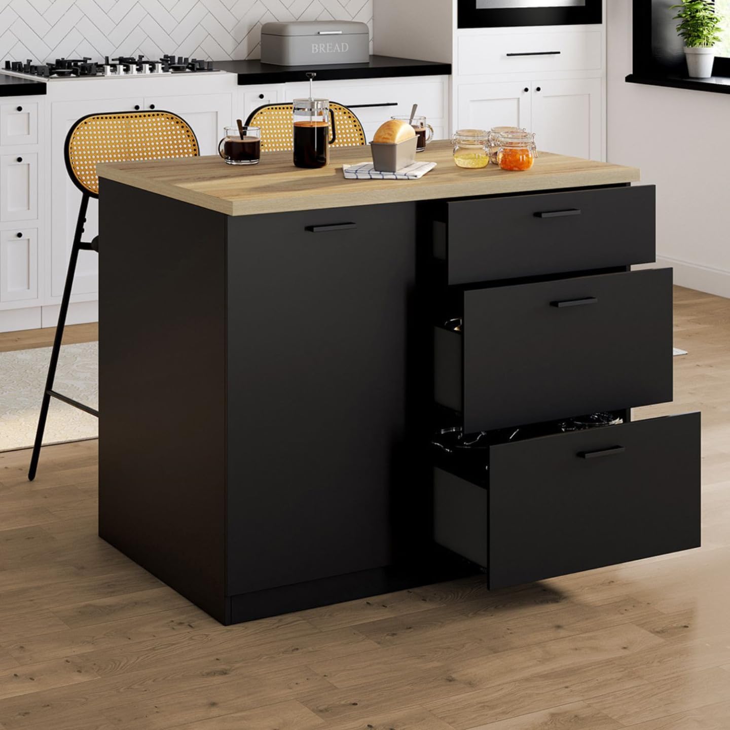 IDMarket - Ilot Central TIBO 110 cm casserolier 3 tiroirs Bois Noir avec Plan de Travail façon hêtre