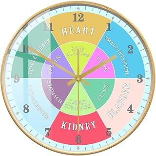12'' Chinese Organ TCM Body Wood Wall Clock, Silent Quartz Non Ticking Battery Operated Wall Clock Traditional Chinese Medicine Health Healing Energy Cycles Clock for Bedroom Office