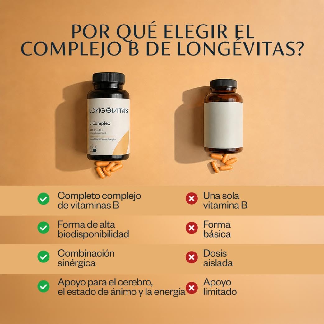 Longévitas Complejo Vitamínico B, Metilcobalamina y 5-MTHF, 2 Meses | Energía, sistema nervioso y concentración mental, Piel, cabello y uñas, España, ISO9001 y BRC Food
