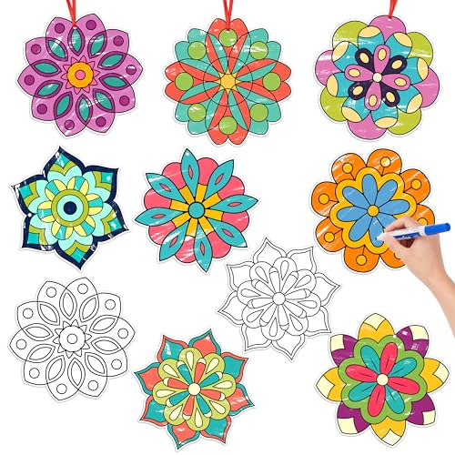 BeYumi Coloring Mandala Craft Kit - 83Pcs Color Your Own Mandala Kit for Kid Diwali DIY Floral Rangoli Ornament Card Indian Traditional Festival Hanging Decor School Classroom Party Activity Art Craft