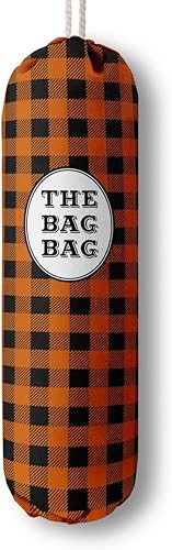 Organizador de bolsas de comestibles a cuadros de búfalo naranja para bolsas de compras, bolsas de plástico de montaje en pared, dispensadores de