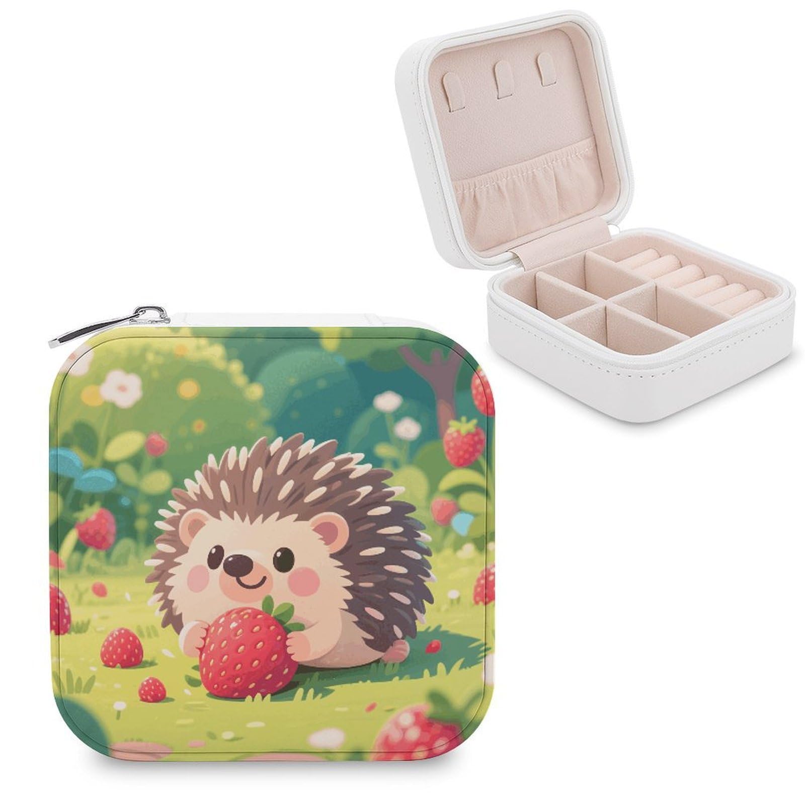 VstaDank Hedgehog Eating Strawberries Jewelry Box for Women Jewelry Organizer Storage Case with Zipper Mini Travel Jewelry Case Cute Trinket Organizer Leather Portable Jewelry Storage Box