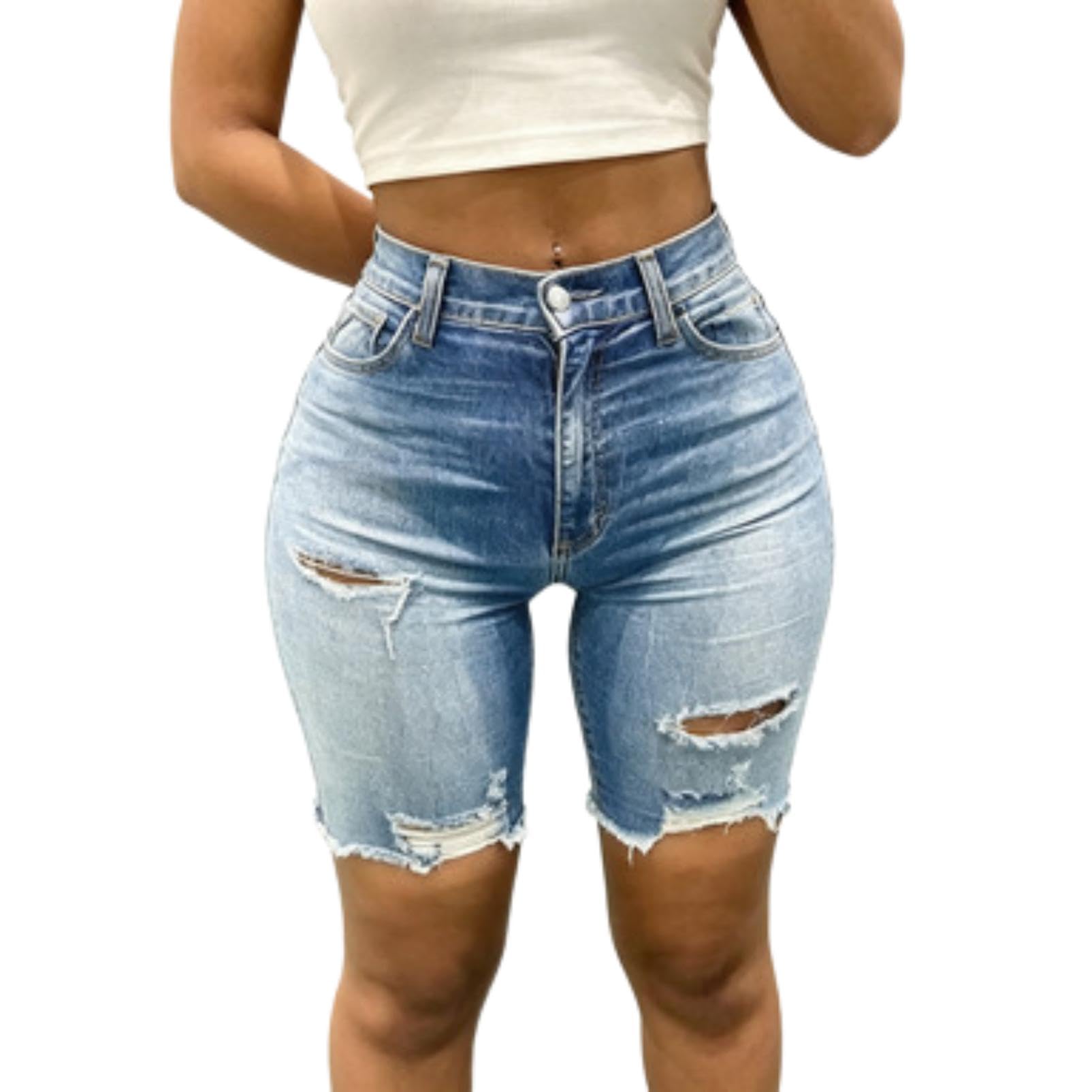 Generico Shorts Bermuda Donna Vita Alta Strappi Lavaggio Chiaro Casual Estate