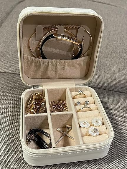 Image of Mini Jewellery Travel Case, PU Leather Organizer Box, Small Portable Jewellery Storage Holder for Womens Rings Earrings Necklaces (Peach-PU Leather Box) (White)