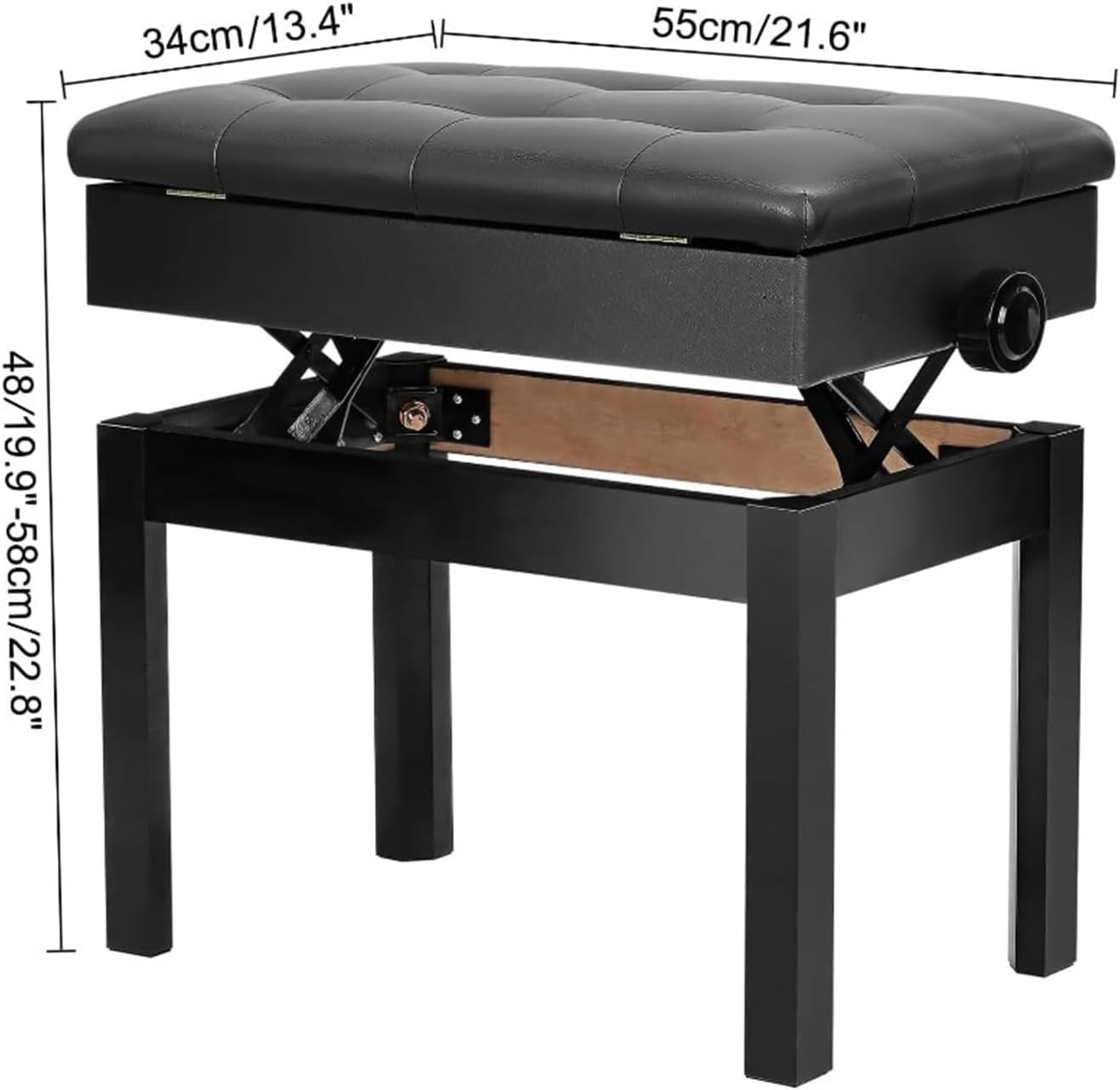Klavierbank Klavierhocker Höhenverstellbar Mit PU Leder Gepolsterter Höhenverstellbarer Hocker Sitz Kissen Stauraum Taste Ablagefach Hocker Schwarz 56 x 33.5 x 58CM
