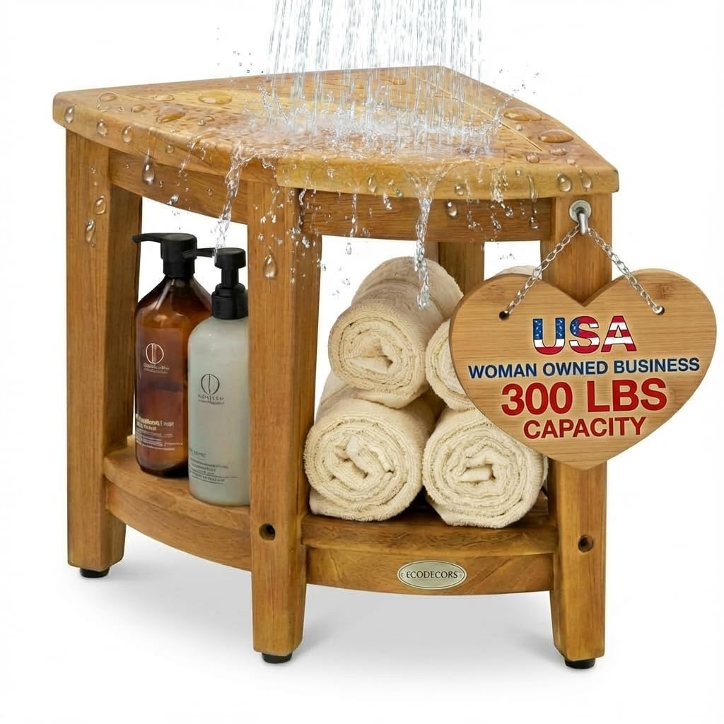 EcoDecors Corner Teak Shower Bench with Shelf – 16” x 18" Height- Teak Shower Stool with Shelf, Waterproof, 350lb Capacity Non-Slip | for Inside Shower | Tool-Free Assembly | Aging in Place