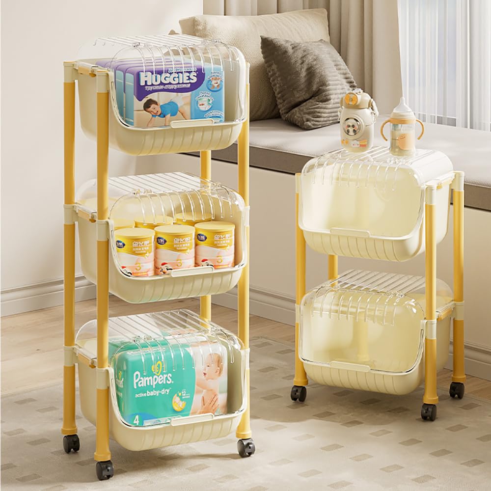 Baby Diaper Caddy Cart Organizer - Plastic Movable Cart with Cover, Rolling Utility Diaper Storage Caddy Organizer for Changing Table & Crib (3 Tier)