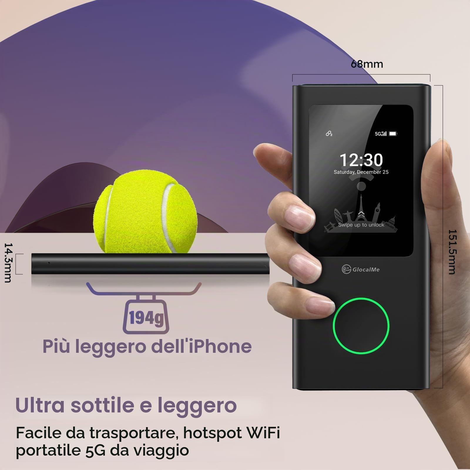 GlocalMe Numen Air - Router Wi-Fi mobile 5G, non necessita di scheda SIM, hotspot 5G LTE con pacchetto dati europei da 30 GB, supporta 16 dispositivi contemporaneamente, batteria da 5400 mAh, hotspot