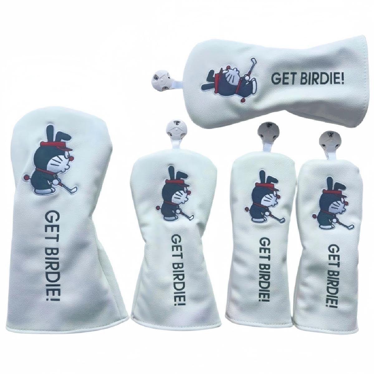 BADGEWOO GET BIRDIE! Set of 5, Golf Head Covers, Embroidered Design, PU Leather, Driver/Fairway Wood/Utility Compatible, U2-U6 Compatible, Includes Conversion Dag (White 1.3.5. UT.UT 5-Piece Set) : Sp