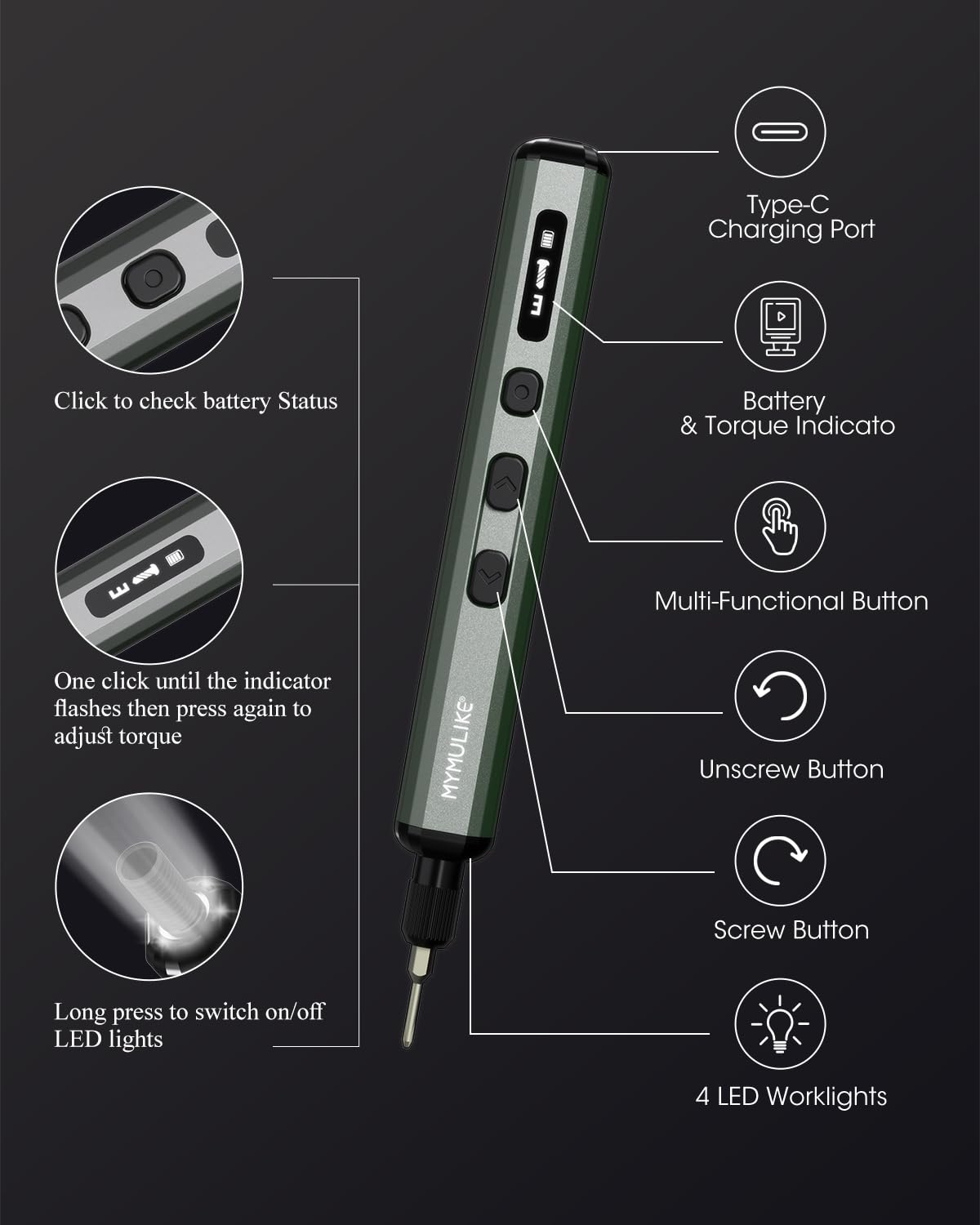 MYMULIKE Mini Electric Screwdriver Set, 78 in 1 Small Precision Screwdriver Kit, 65 Preicison Bits, 5 Torque Settings - Image 4