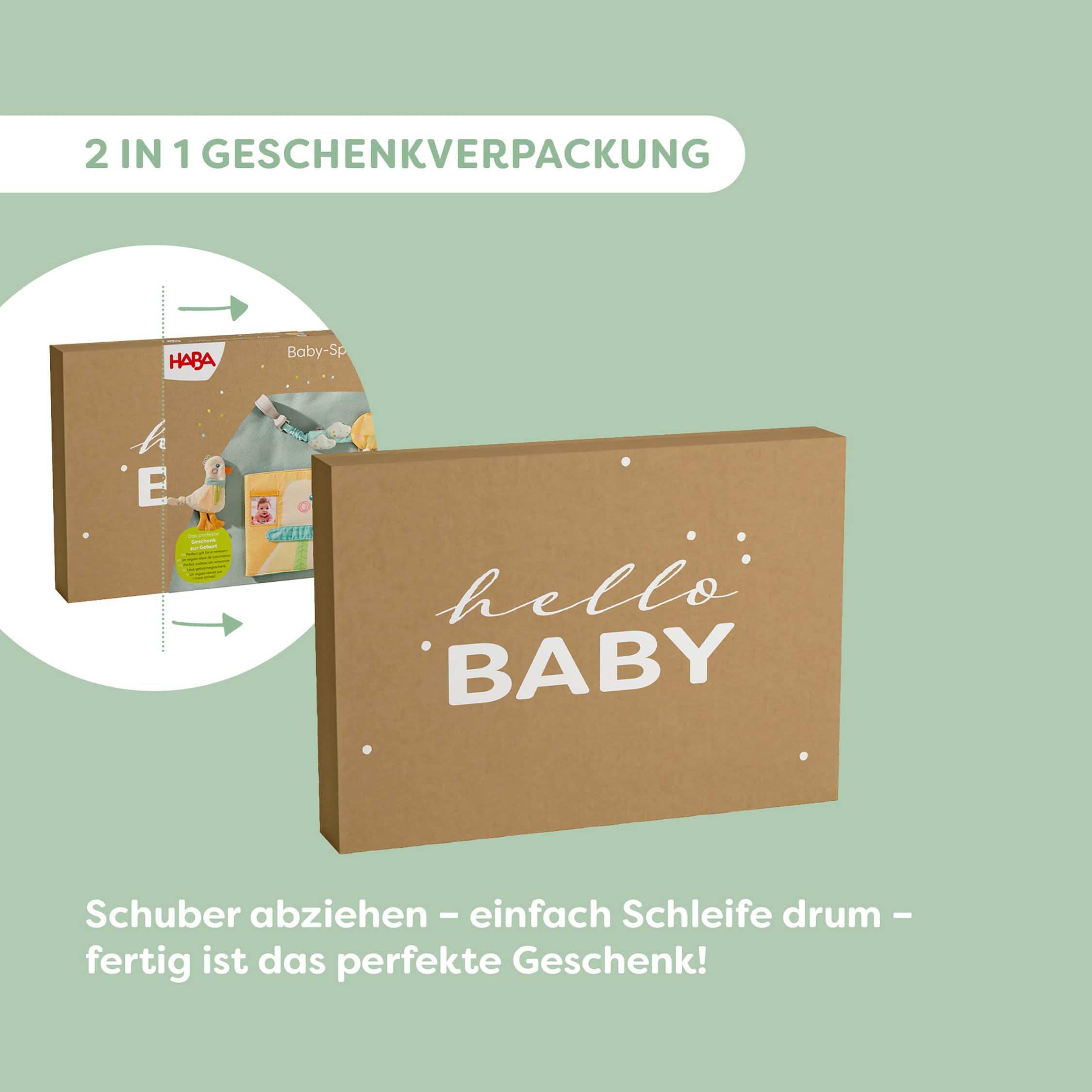HABA Baby-Spiel-Set Gans – 4-in-1 Erstausstattung & Babygeschenk zur Geburt mit Kinderwagenkette, Schnullerkette, Greifling & Fotoalbum – Motorikspielzeug ab 0 Monate