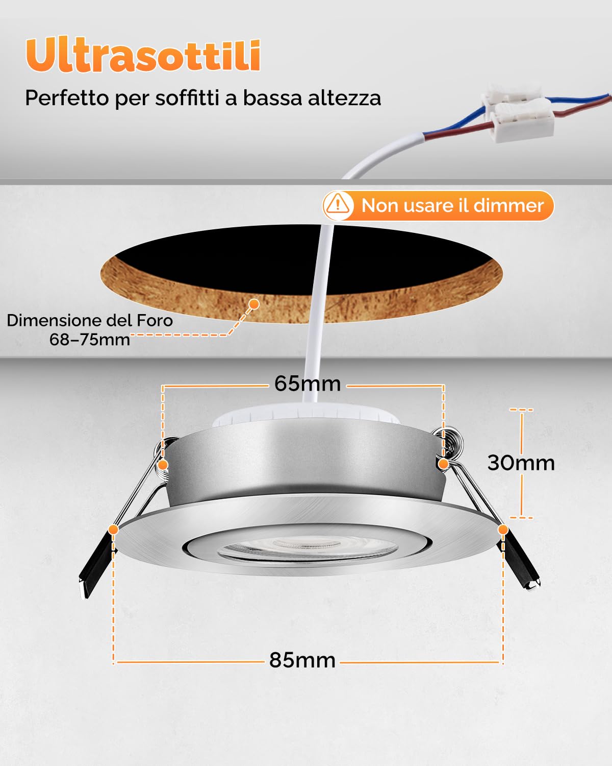 wowatt Faretti LED da Incasso per Cartongesso Dimmerabili 6W 640LM 3CCT | Regolabile Calda 3000K Naturale 4000K Fredda 6000K, Faretti da Soffitto Orientabili, IP44 Faretto incasso foro 68mm, Set da 6