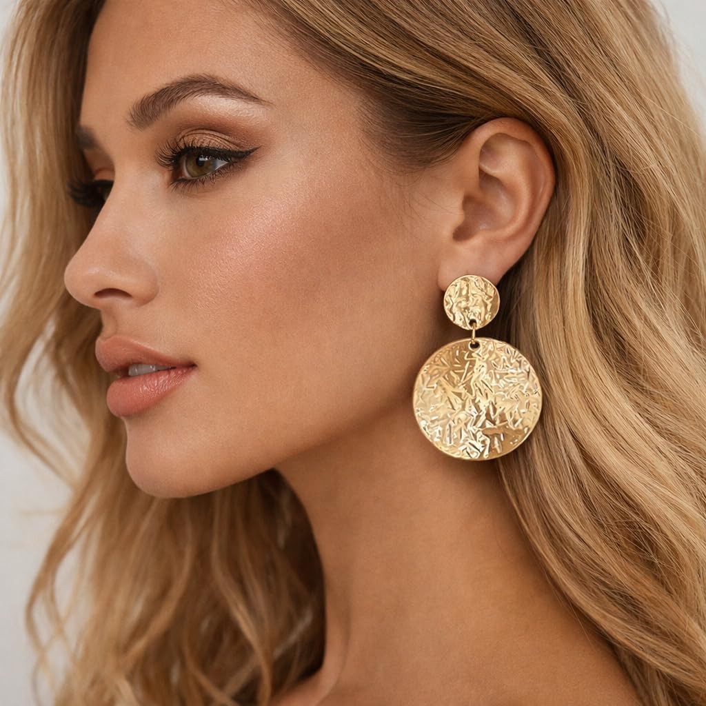 Round Geometry Clip On Earrings for Women, Matte Gold Silver Retro Disc Dangle Drop Clip Earrings Non Pierced Clips Stetement Jewelry Gifts - Image 3