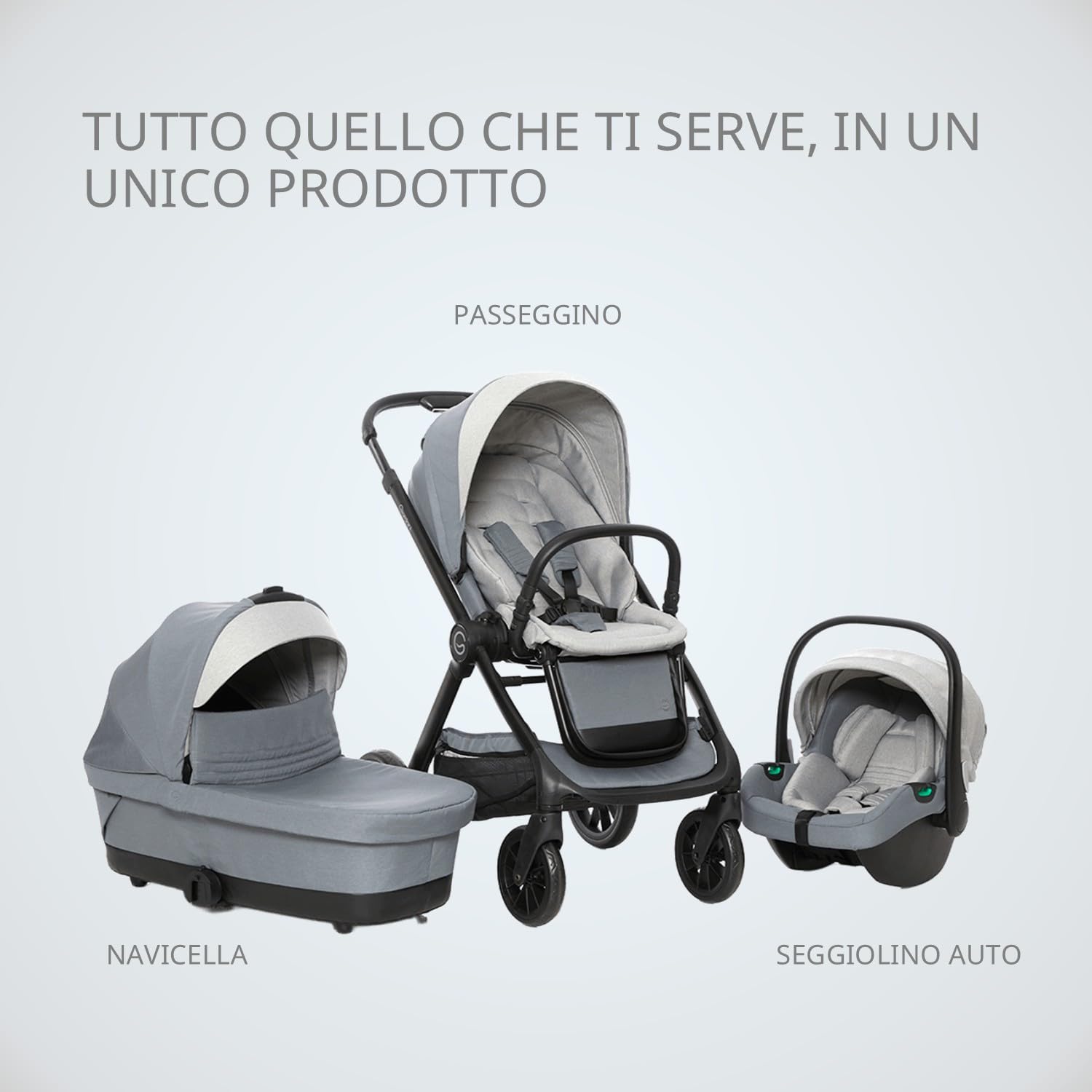 Giordani Trio Sistema Modulare G-Comfort, Passeggino Chiusura Automatica Fronte Mamma Strada 0-22kg, Navicella e Seggiolino Auto con Tasti Memory, Ruote Ammortizzate