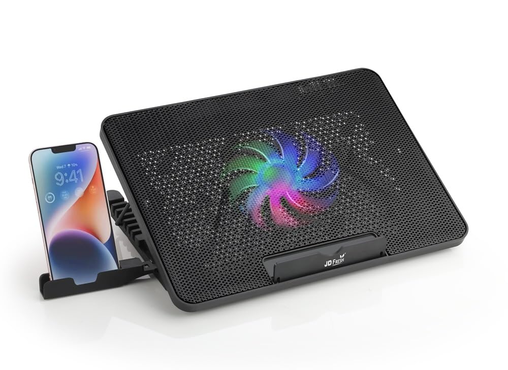 JD FRESH Dual Laptop Cooling Pad with Mobile Stand/7 Height Adjustable Slot/2 USB Ports/Turbo Fan/Striff Stand for Table/Laptop & Mobile Holder for Desk/Computer Stand/Office Desk Accessories (Black)