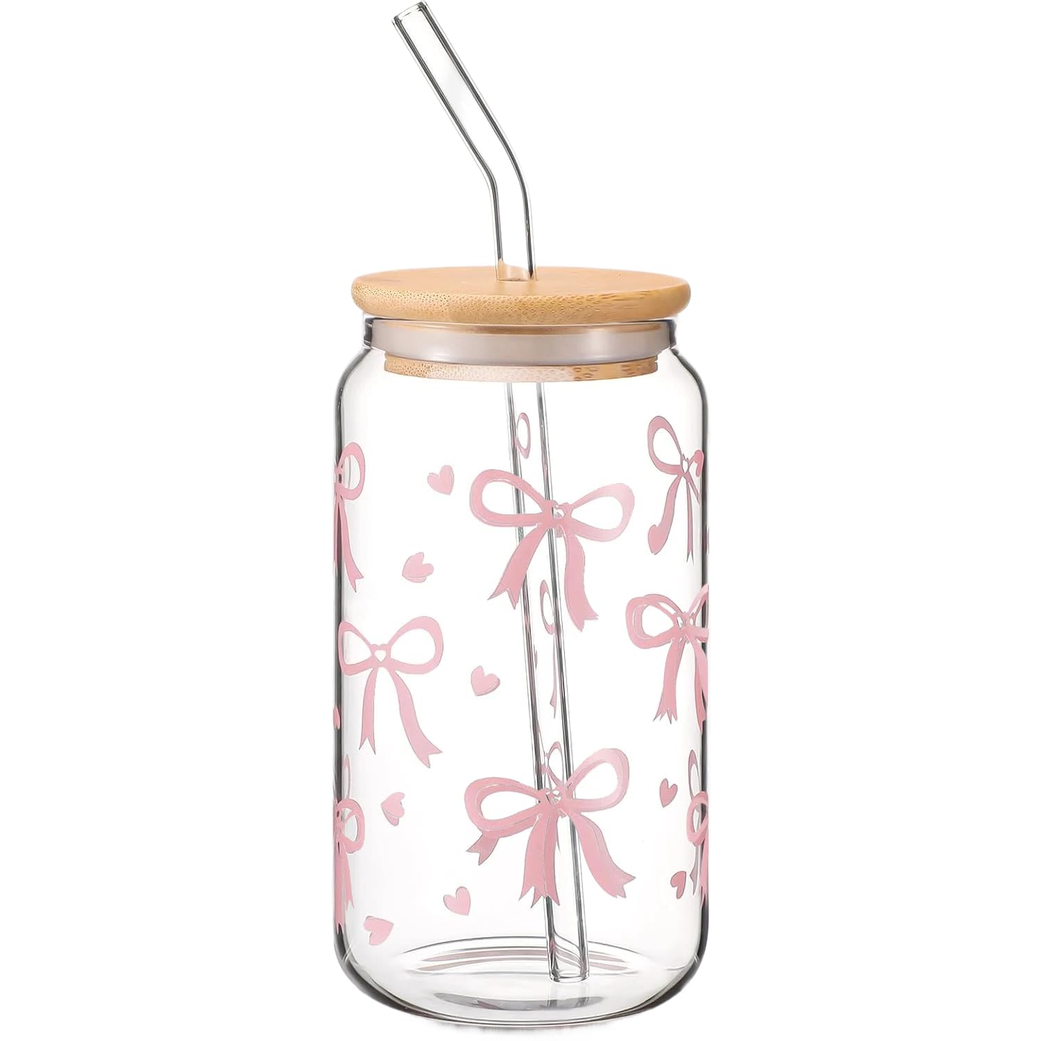 Cumnvulnt Coquette Aesthetic Glass Cups with Lids and Straws, Pink Bow Iced Coffee Cup