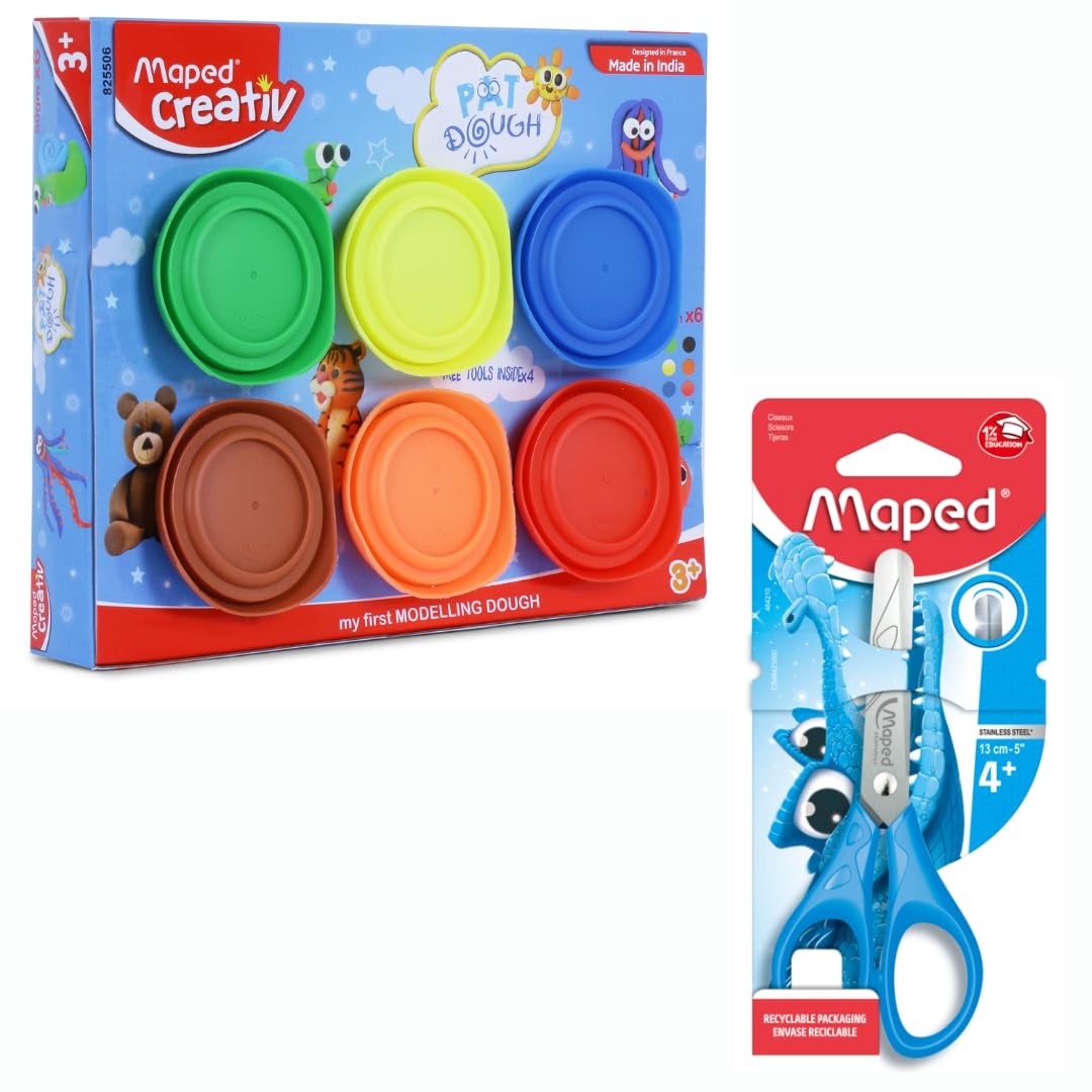 Maped 6 piezas de masa para modelar con herramientas y 1 tijera de 13 cm, arcilla de masa, masa de arcilla, masa de moldeo, masa no tóxica, regalos de devolución, regalos de cumpleaños, regalos Rakhi