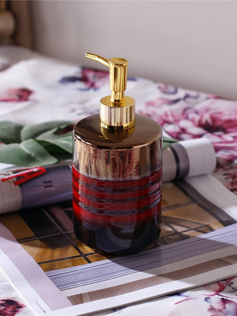 Hand Soap Dispenser Refillable for Hotel Bathroom Liquid Soap Dispenser, Nordic Retro Red Stripes Ceramic Lotion Bottle Bathroom Refillable Hand Soap Dispenser with Gold,