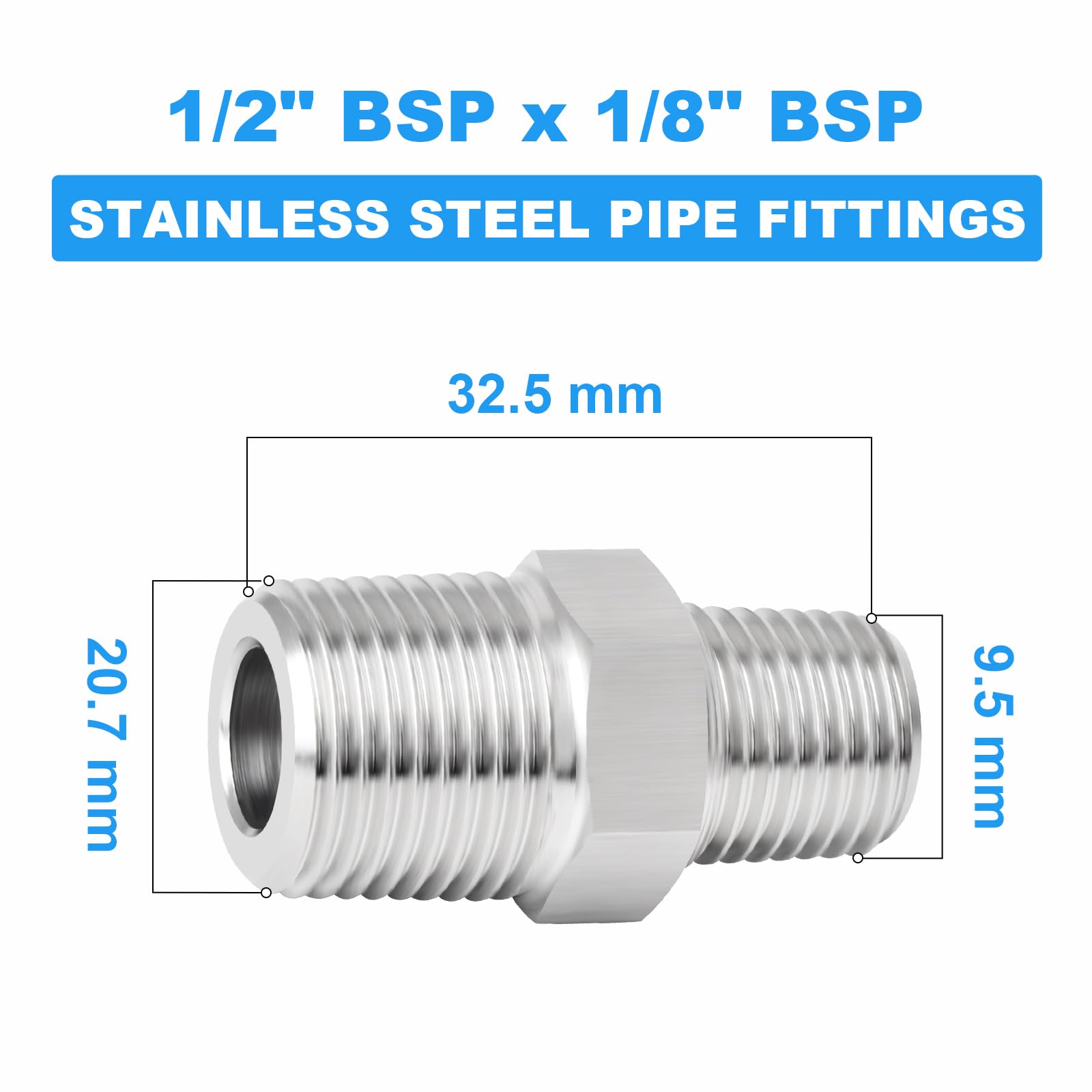 ERGAOBOY 2 Pcs Stainless Steel 304 Male Reducing Hex Nipple BSP Fitting - Image 2
