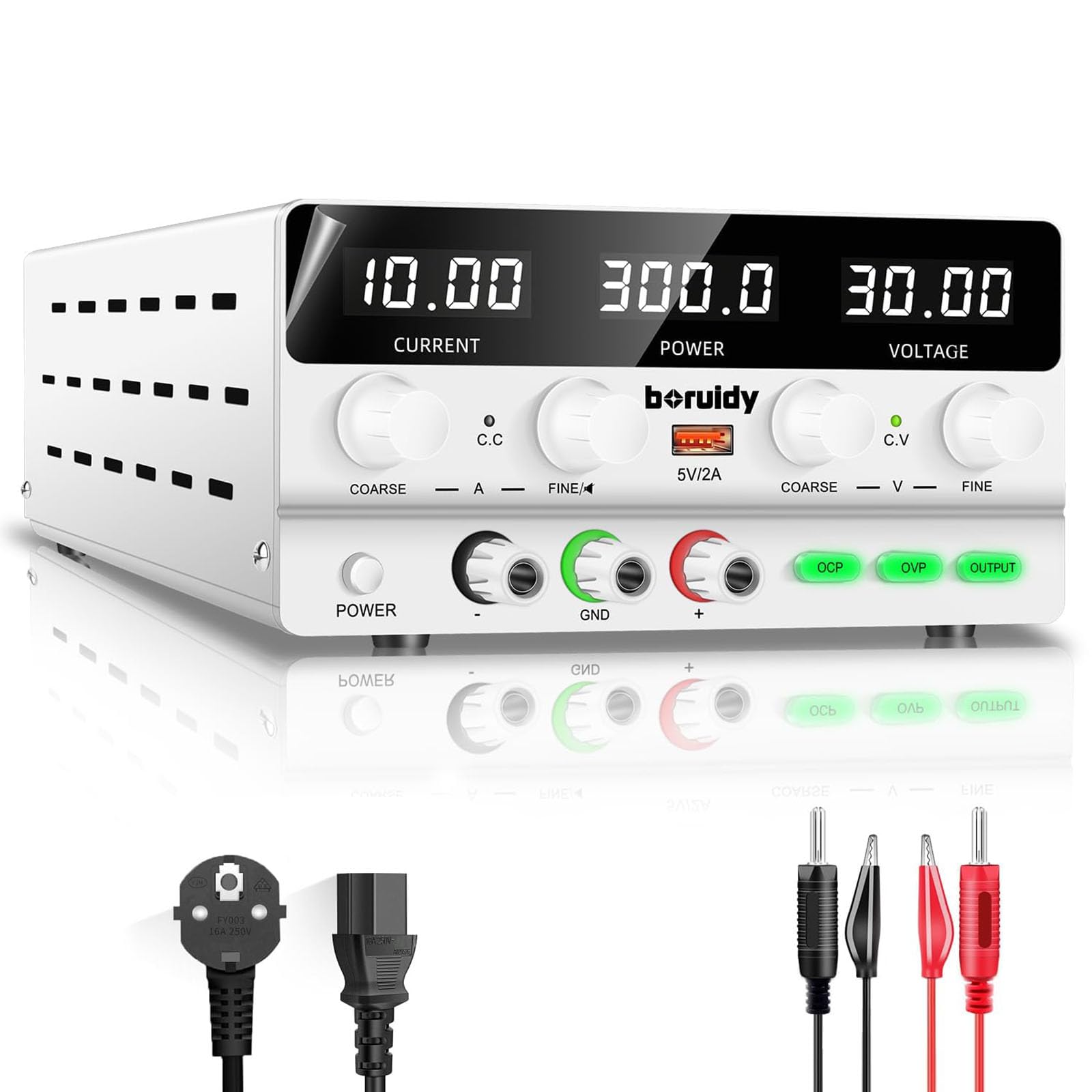 Alimentatore da Labotorio Alimentatore Stabilizzato Banco 30V 10A, Alimentatore DC Regolabile da Display LED a 4 Cifre, con Porta di Ricarica 5V2A USB, Pulsante OUTPUT, Manopola Encoder