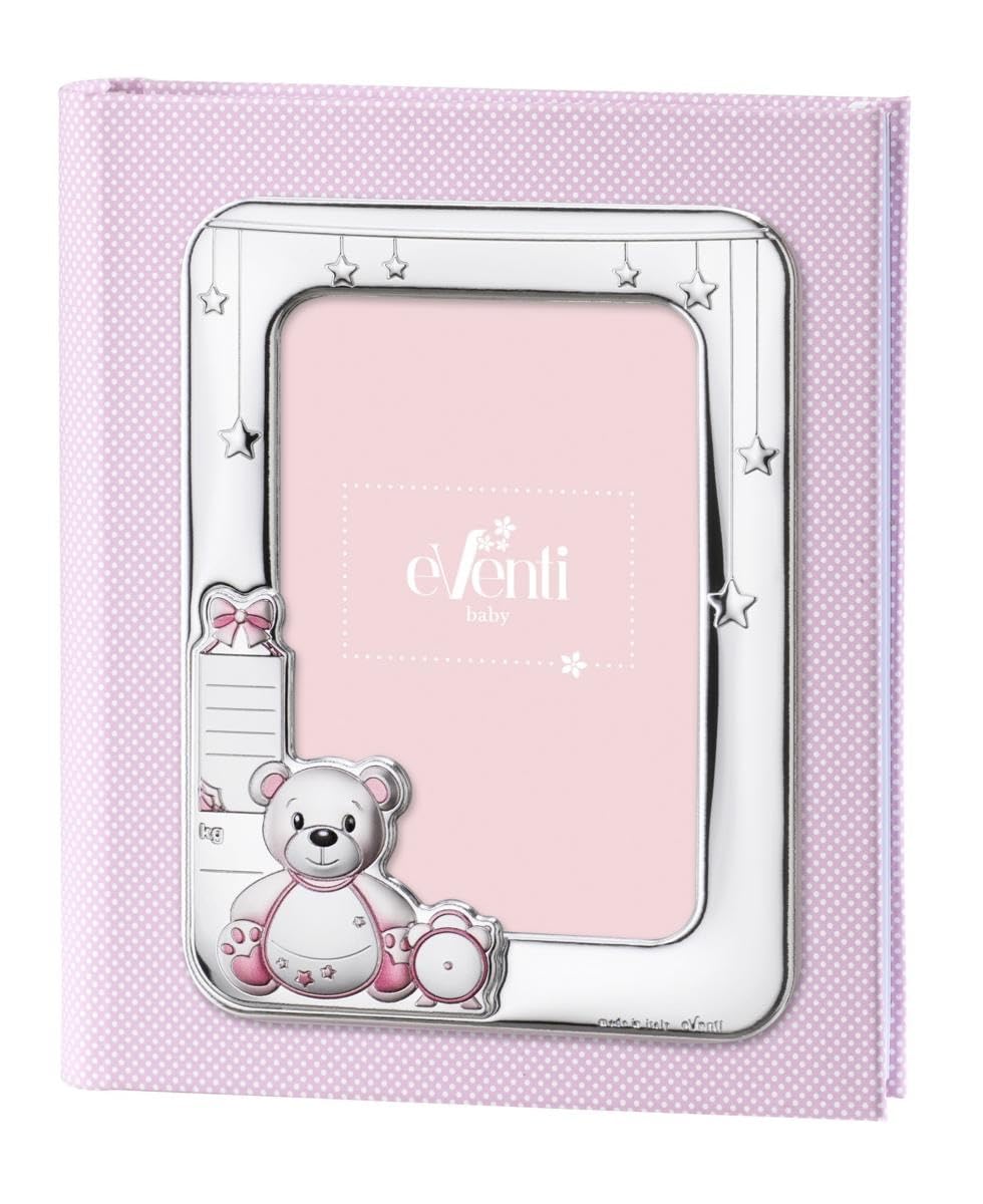 Eventi Album Fotografico per Bambini con Cornice in Argento, Orsacchiotto Rosa, 20x25 cm