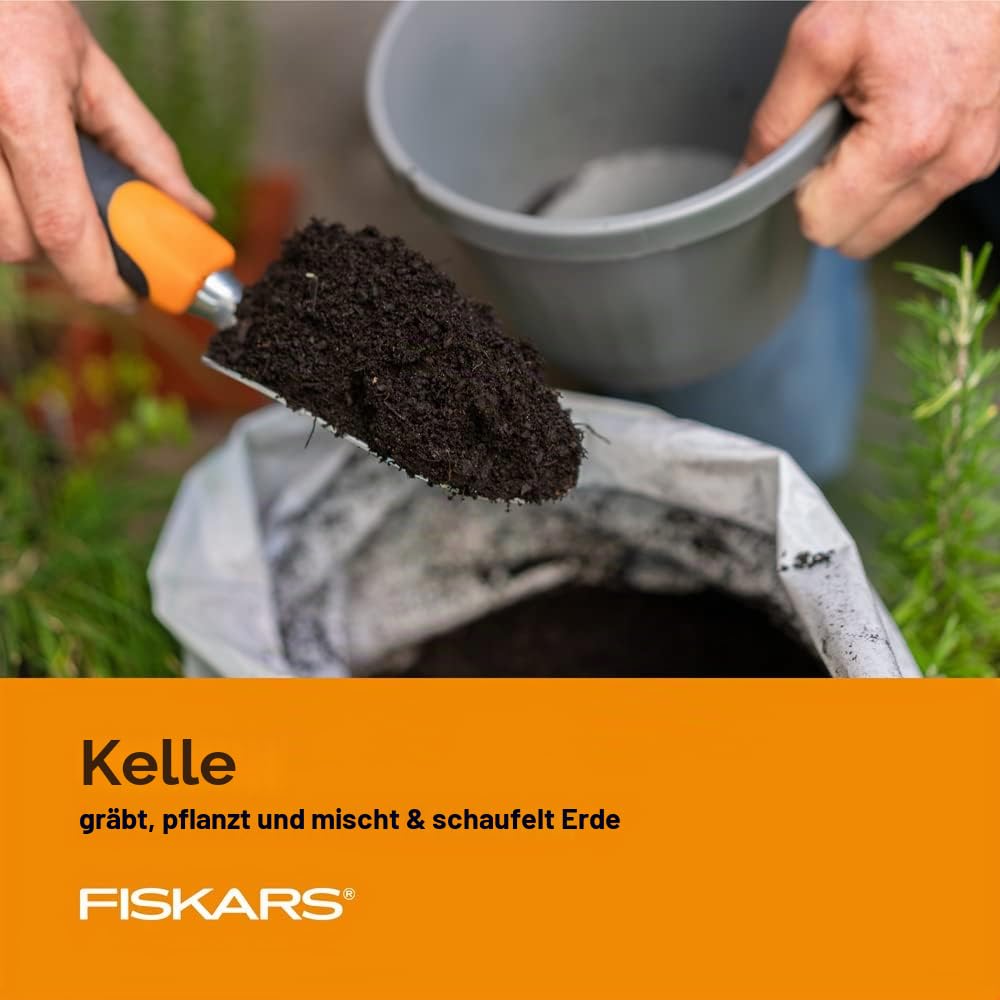 Fiskars Gartenwerkzeug-Set, 3 Stück, inklusive rostbeständiger Kelle, Pflanzgefäß und Kultivator, Gartengeräte für die Bepflanzung im Freien, ergonomisches Hofwerkzeug-Set – Gartengeschenke für Frauen