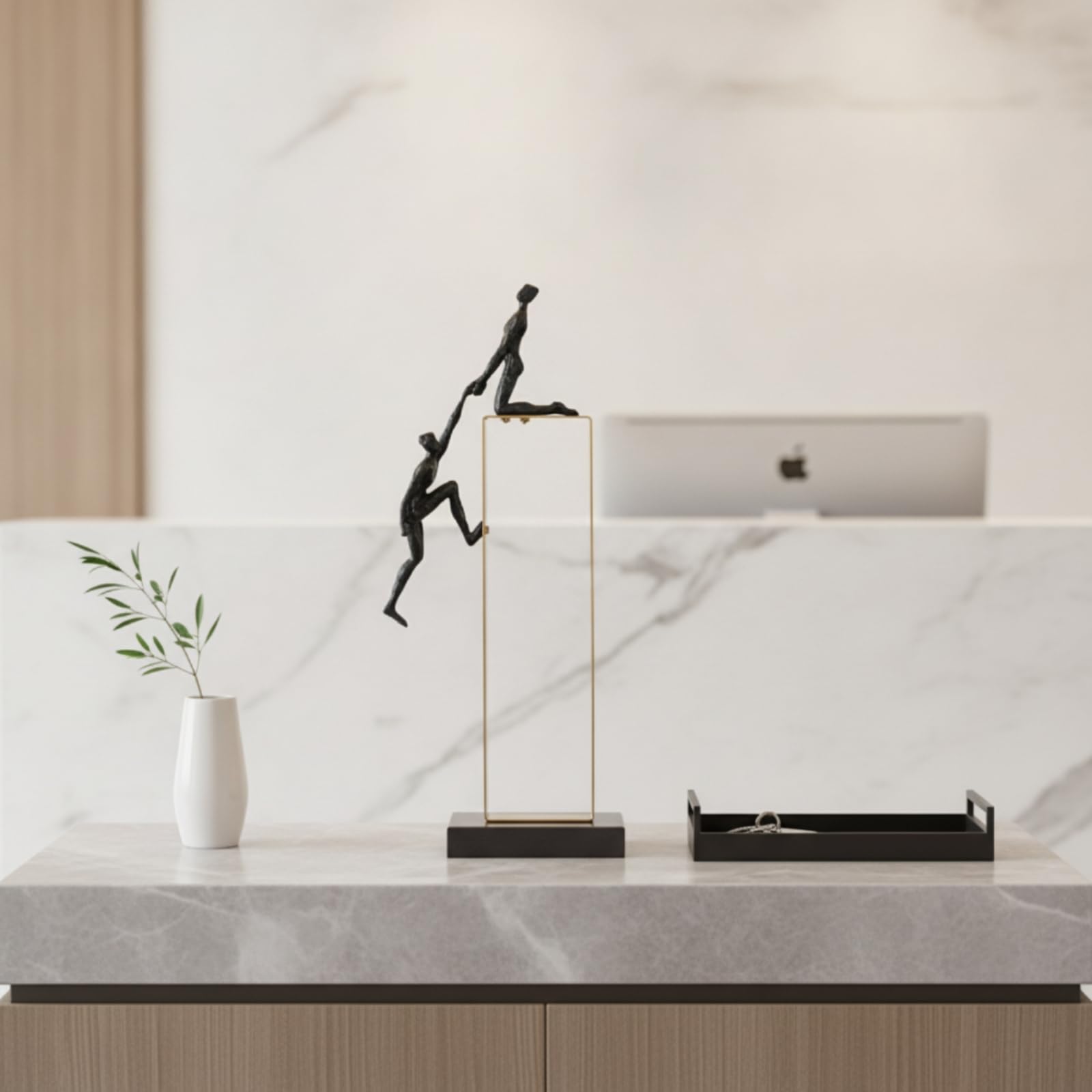 Statuette avec Cadre en Métal Abstrait Statuette avec Cadre Épuré Objet Décoratif pour Bureau, Style B - Sculpture D Escalade, 20cm X 45cm, Finition Électrolytique