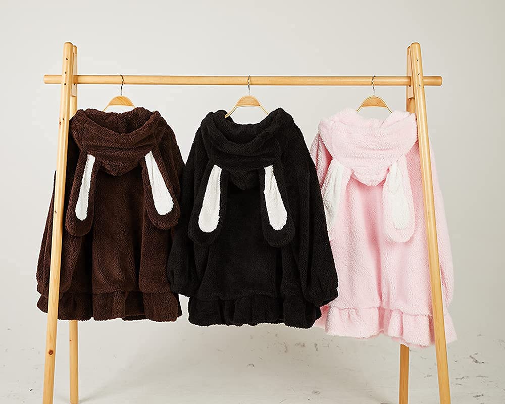 BZB Kawaii Anime Bunny Ear Hoodies For Women Sweet Lovely Fuzzy Fluffy Rabbit Sweater Tops Cosplay Jacket Coats: X-Large Black