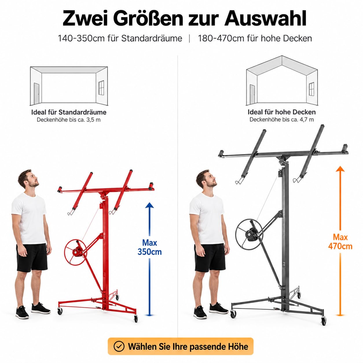 Gipskartonheber Teleskop, Plattenheber höhenverstellbar 140-350cm, 60° neigbar, bis 68kg/150lbs, 3 Lenkrollen, Deckenlift für Trockenbau, Rot
