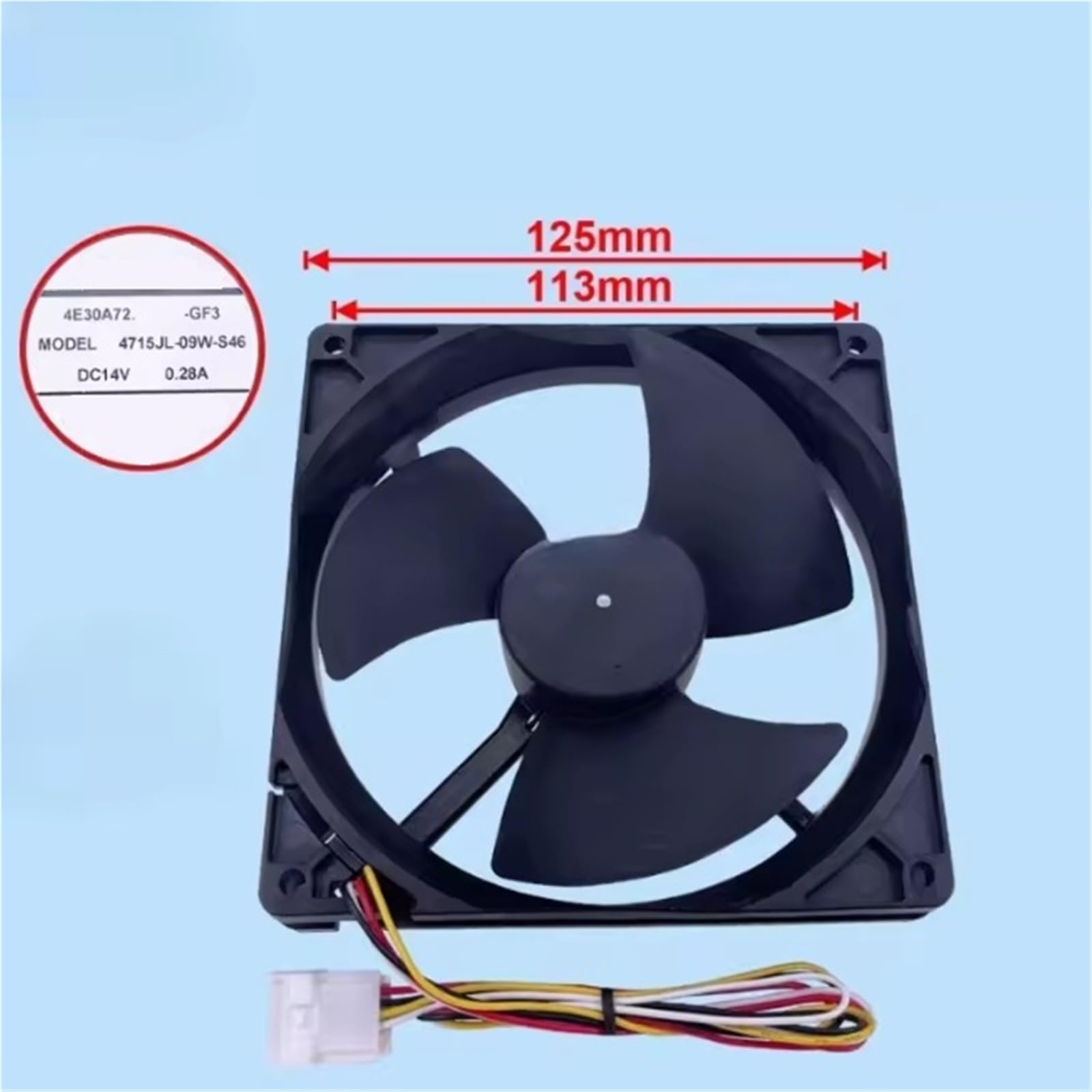 Fan dimensions and model number label