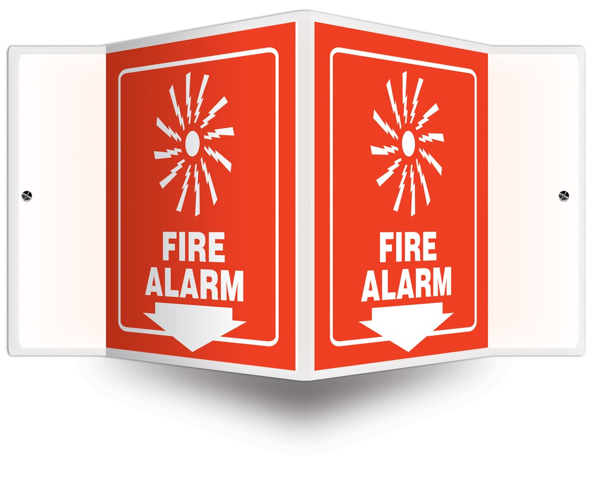 AccuformNMC PSP620 Projection Sign 3D, "FIRE Alarm (Arrow)", 6" x 5" Panel, 0.10" Thick High-Impact Plastic, Pre-Drilled Mounting Holes, White on Red,