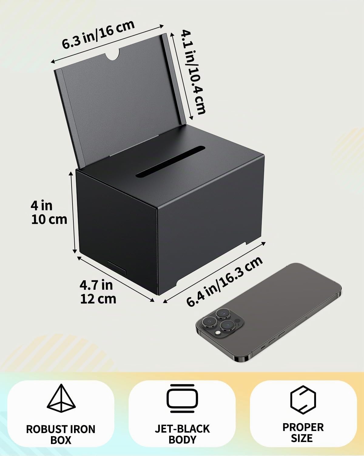 Uniclife Metall-Spendenbox für Spendenaktionen, Aufbewahrungsbehälter für Spendenaktionen, schwarze Wahlurne mit Schildhalter, Vorschlagsbox mit Einwurfschlitz und Schloss, 16,3 cm x 11,9 cm x 10,2 cm