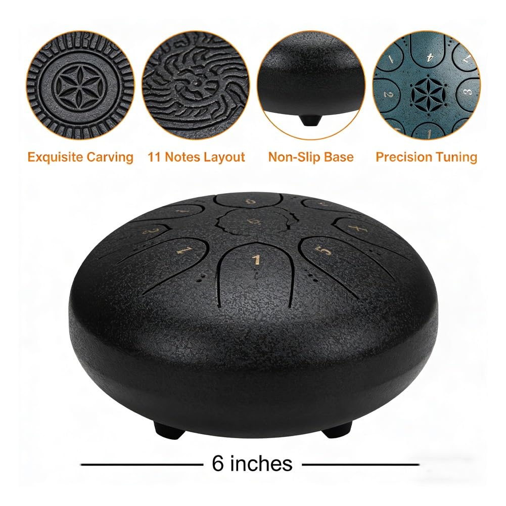 Steel Tongue Drum 6 Inch 11 Notes, G Tone Healing Hand Pan Drum, With Carry Bag, Music Book, Mallets, Finger Picks, Stickers for Beginner(Navy blue)