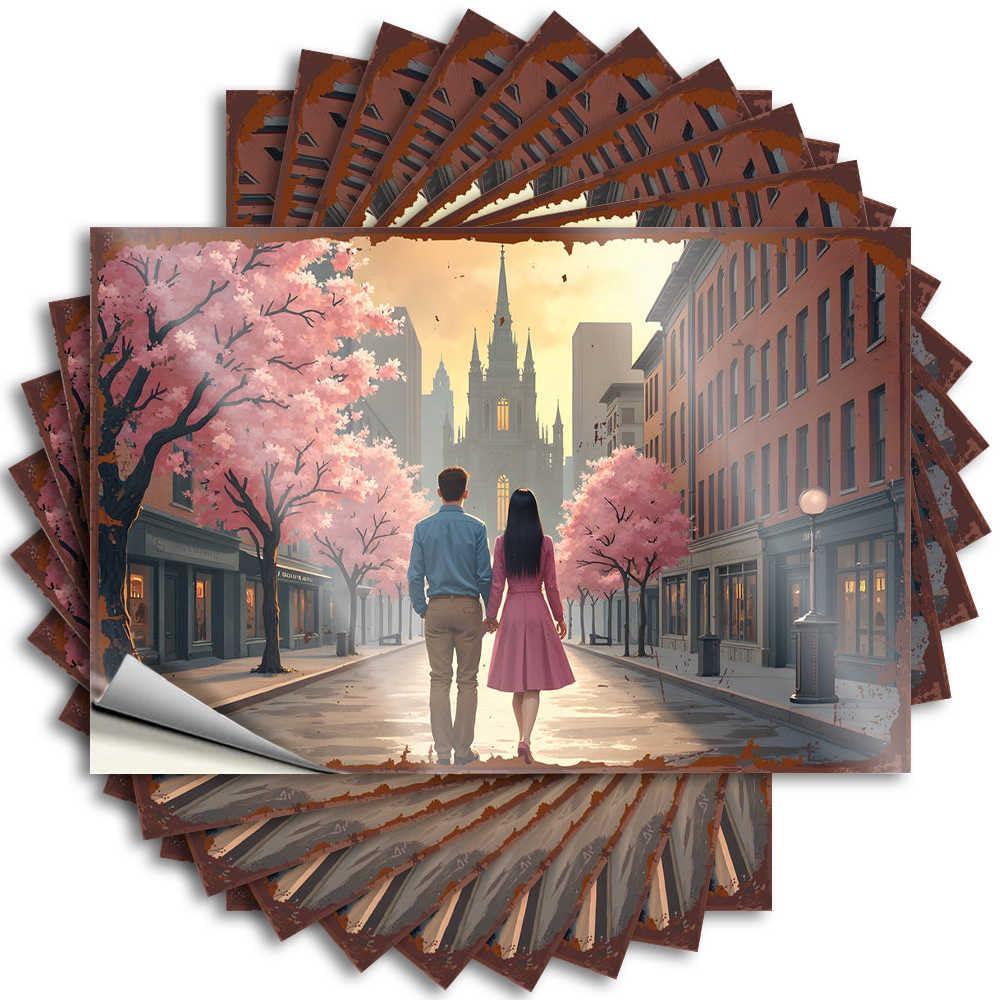 Cherry Blossom Walk: A Romantic Cityscape Autumn Saying | Vintage Kitchen Accessories Waterproof Vinyl Wall Billiard Removable Decal Peel Stick(12X18CM)