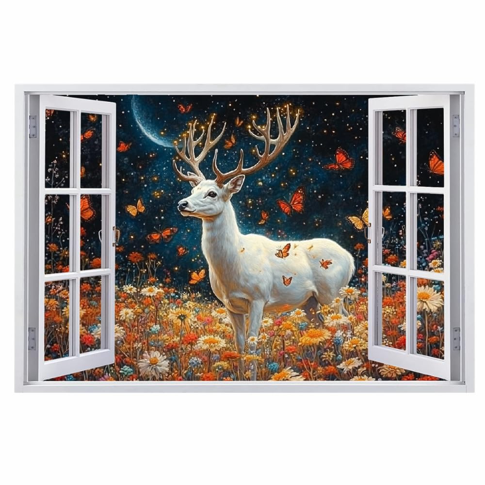 3D Wandtattoo I Wandbild Hirschblumenschmetterling Wandaufkleber I Wandsticker Durchbruch Mondnachtansicht Poster Fensterblick I Wand Deko Aufkleber für Wohnzimmer Schlafzimmer Küche Türaufkleber