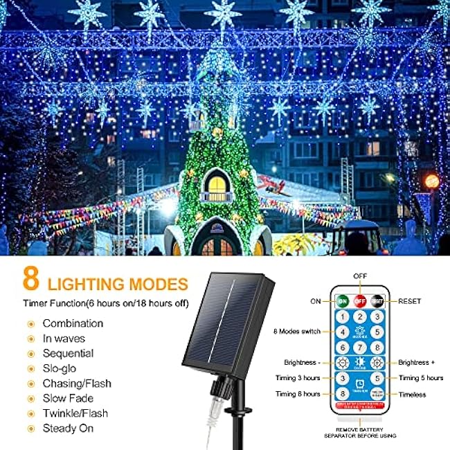 300 LED Solar Icicle Lights Outdoor with Remote Control, 33ft 8 Modes Curtain String Lights with 50 Drops, Christmas Holiday Wedding Party Decorations, Blue+White