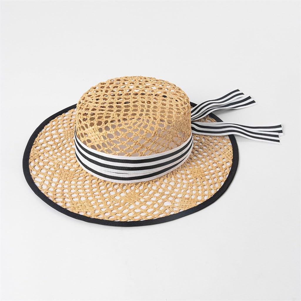 HBJWOV Casual Stripes Floating Belt Hand Knitting Hollow Raffia Flat Top Hat Outdoor Sun Protection Sun Hat