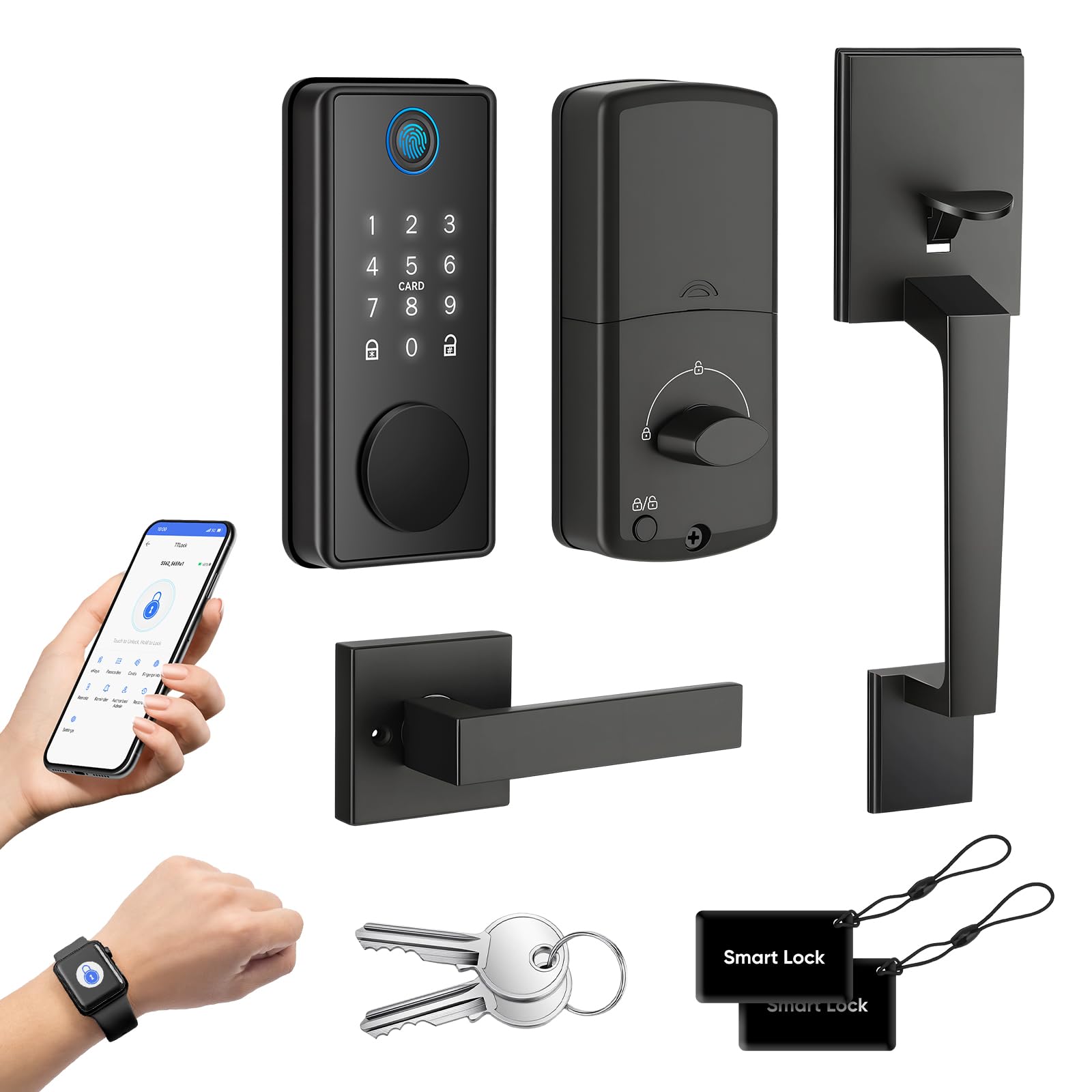 MYPIN Smart Door Lock with Biometric Fingerprint & Touchscreen Keypad & Handle, 6-in-1 Unlock, One-Touch Lock/Unlock, Auto Door Swing Detection Compatible with Apple Watch for Front Door