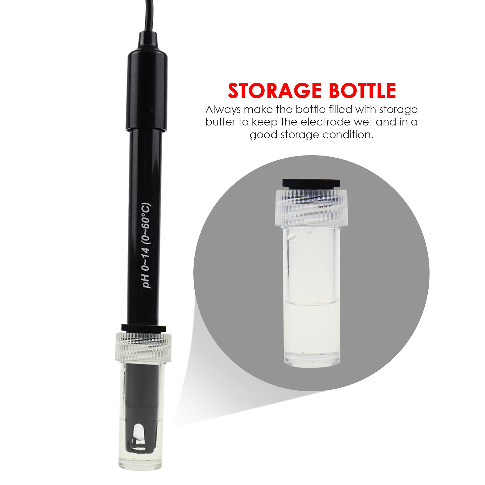 300 cm de longueur Câble Électrode Sonde de pH remplaçable (0-14 pH), Connecteur BNC avec 3 sachets de poudre d'étalonnage