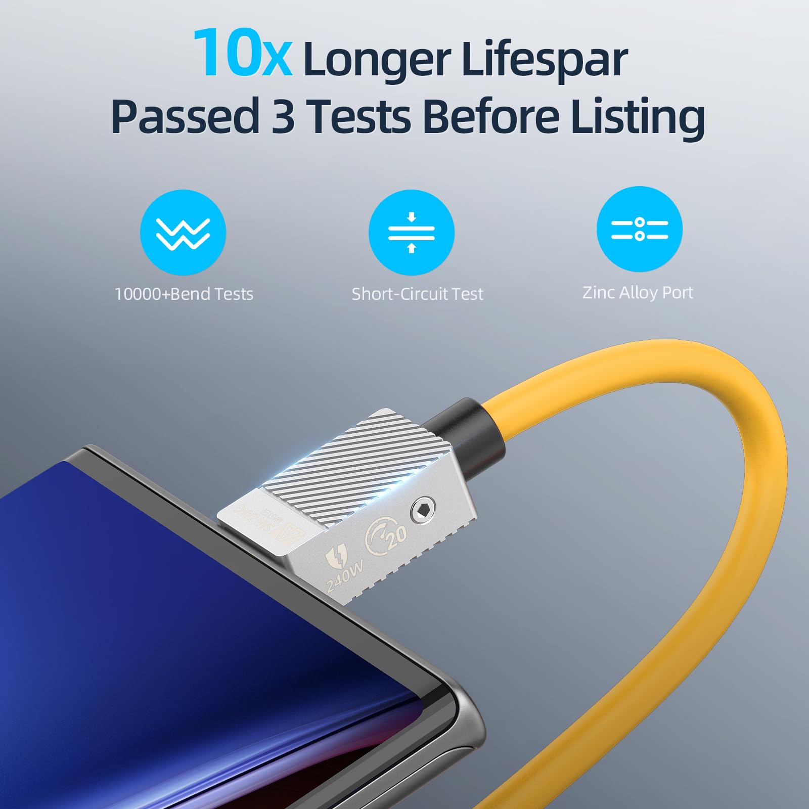 SAN ZANG MASTER Cavo da USB-C a USB-C da 240 W per trasferimento dati Thunderbolt 2 (0,5 m) 20 Gpbs, cavo display 4K Type-C compatibile con Thunderbolt 2 USB 3.2GEN 2 per dispositivi Type-C, giallo