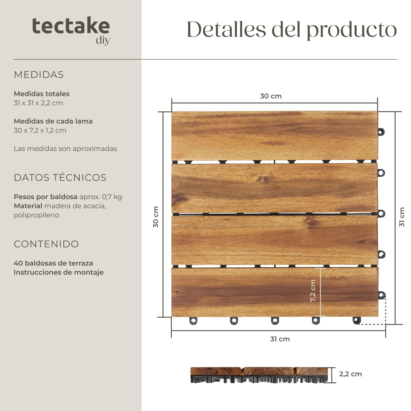 tectake® Set 40x Baldosas Jardín Exterior con 4 Tablones Madera de Acacia, 31 x 31 cm, Suelo Jardín con Base de Rejilla y Drenaje, Montaje Sistema Clic, Área 1,922 m2- Madera