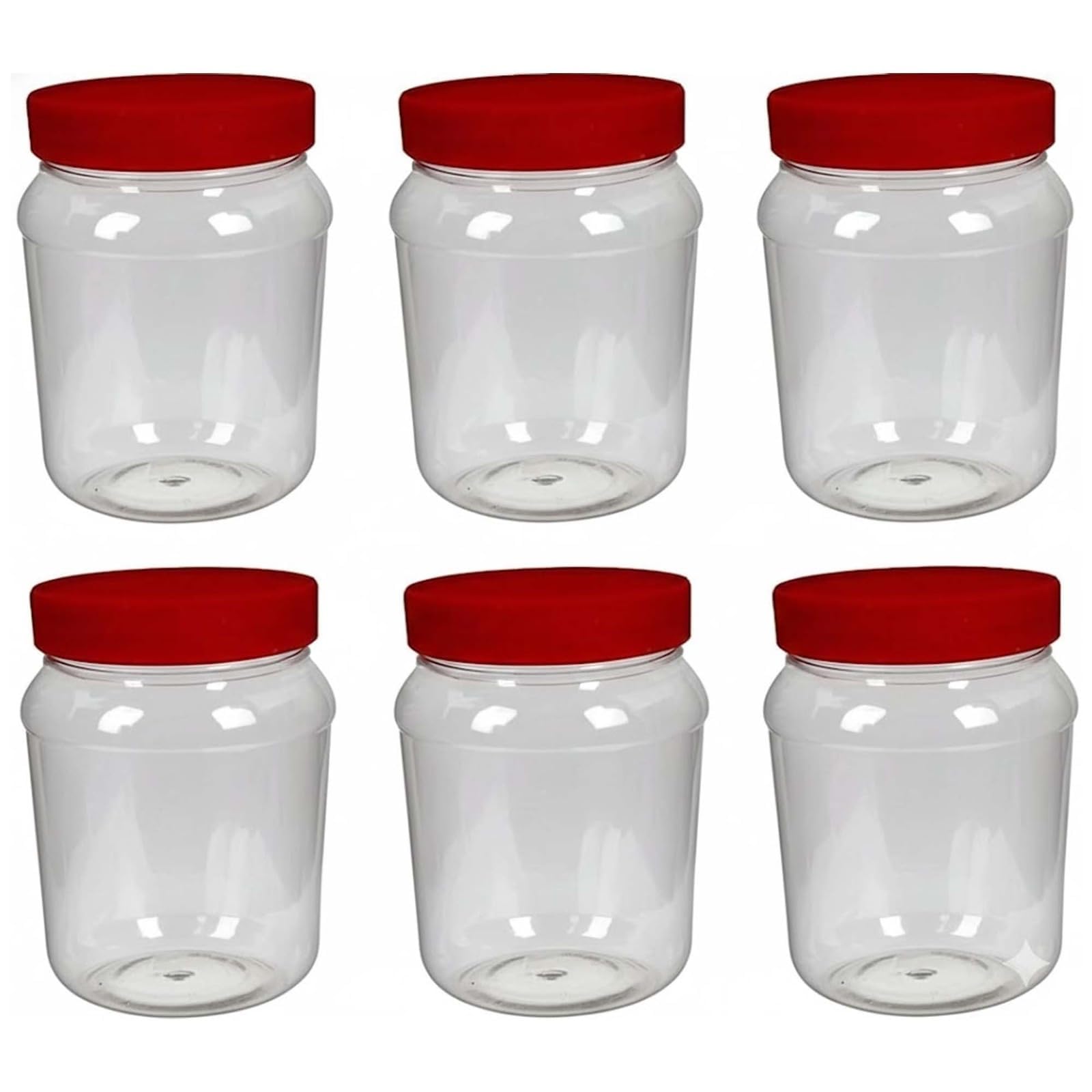 Neel Saanjh Clear Plastic Storage Jars with Red Screw Top Lids, Airtight Reusable Food Containers for Pantry, Snacks, Spices, Crafts & Kitchen Organisation (1000ml, 6 Pcs)