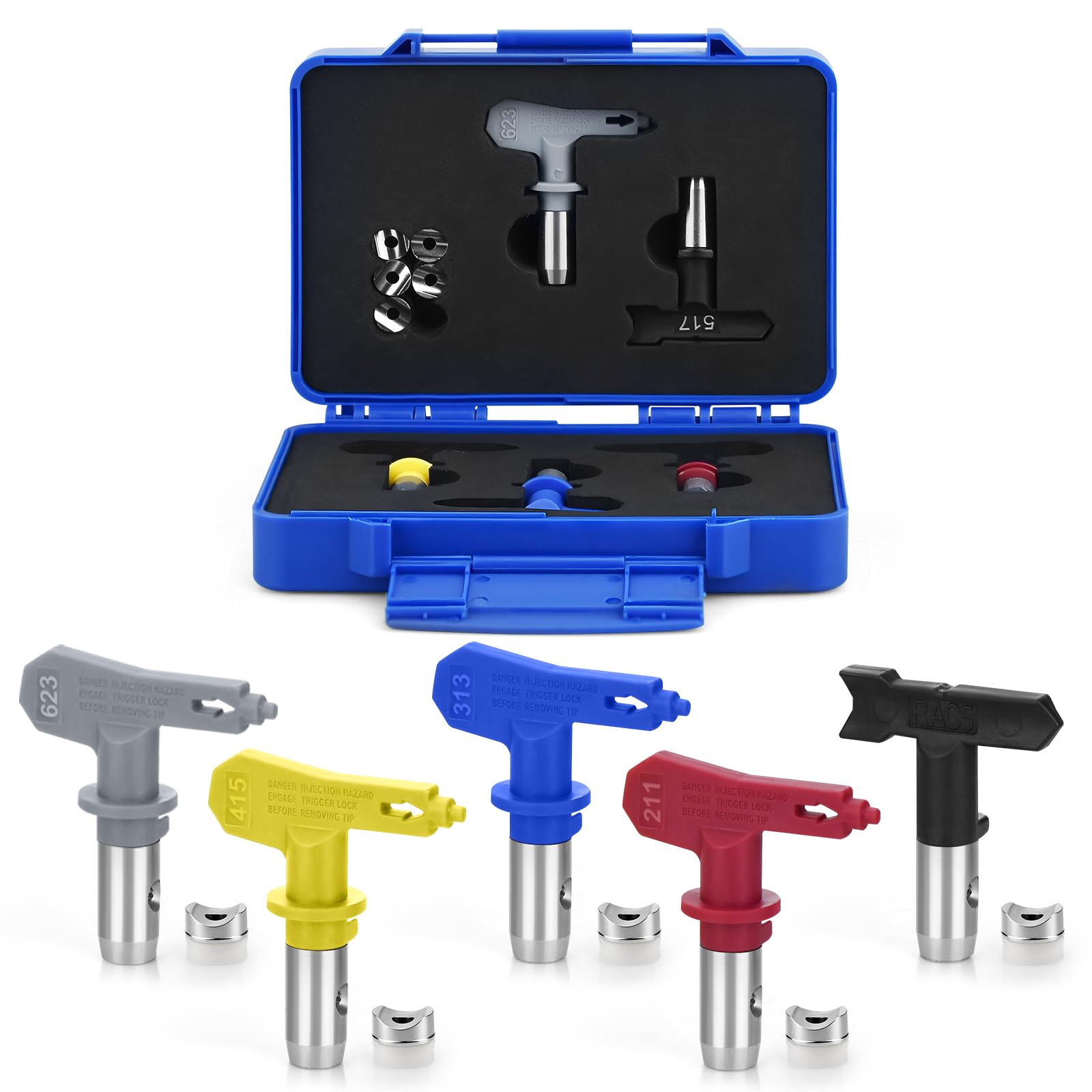 Kit de tête de Pulvérisation de Peinture Airless, tête de Buse Réversible 5pcs, Buse de Pulvérisation Airless et Mini Boîte de Rangement Airless (211，313，415，517，623)