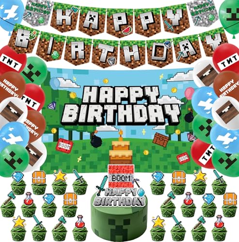 47PCS Birthday Decorations Set Party Supplies with Happy Birthday Banner 20 Latex Balloons Birthday Backdrop 25 Cake Toppers for Kids Game Themed Party Decorations Cartoon Supplies