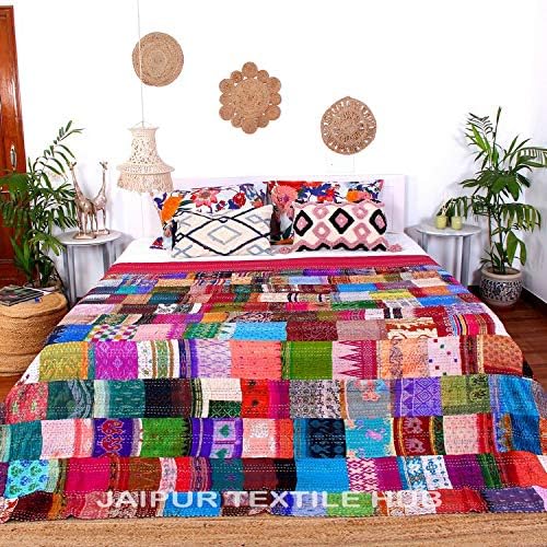 Jaipur Textile Hub Silk Saree Queen Kantha Quilt Patchwork Design Quilts Queen Bedspread Queen Bed Blanket Indian Home Décor