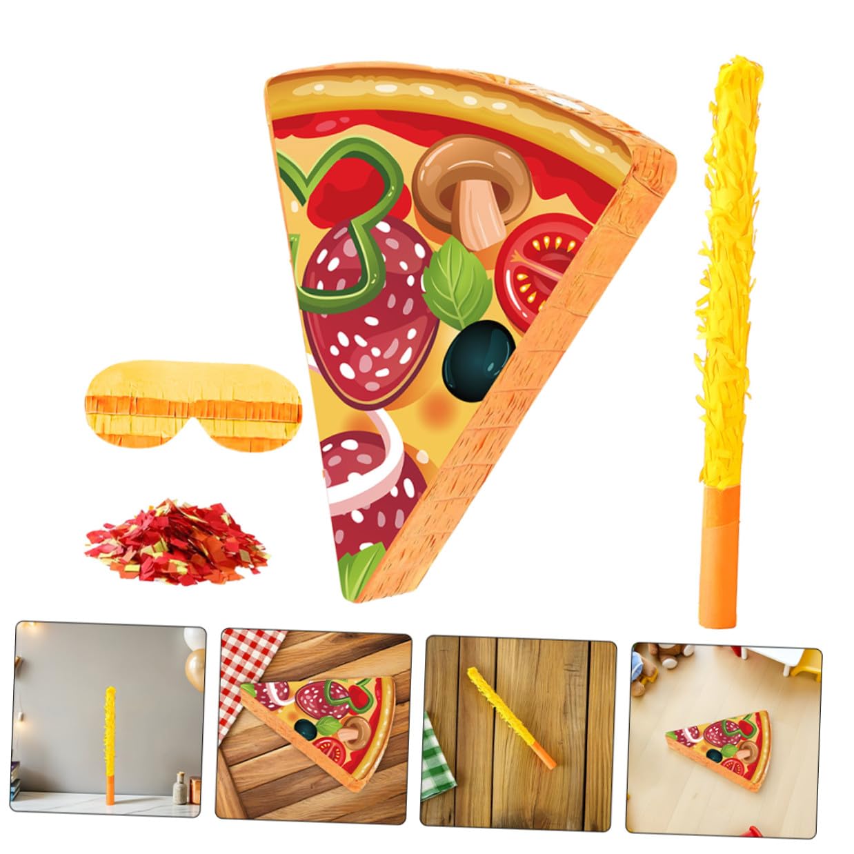 Piñata Tema Cibo con Fette di Pizza Completo per Feste di Compleanno con Benda e Bastoncino Decorazione Durevole per Feste di Compleanno di Cartone