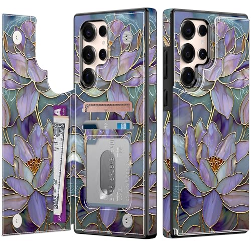 Goodon for Samsung Galaxy S25 Ultra Wallet Case with Card Holder RFID-Blocking Aesthetic Vintage Floral Shell Trendy Unique Cool Retro Protective Phone Cover for Women Girls - Fancy Purple Lotus