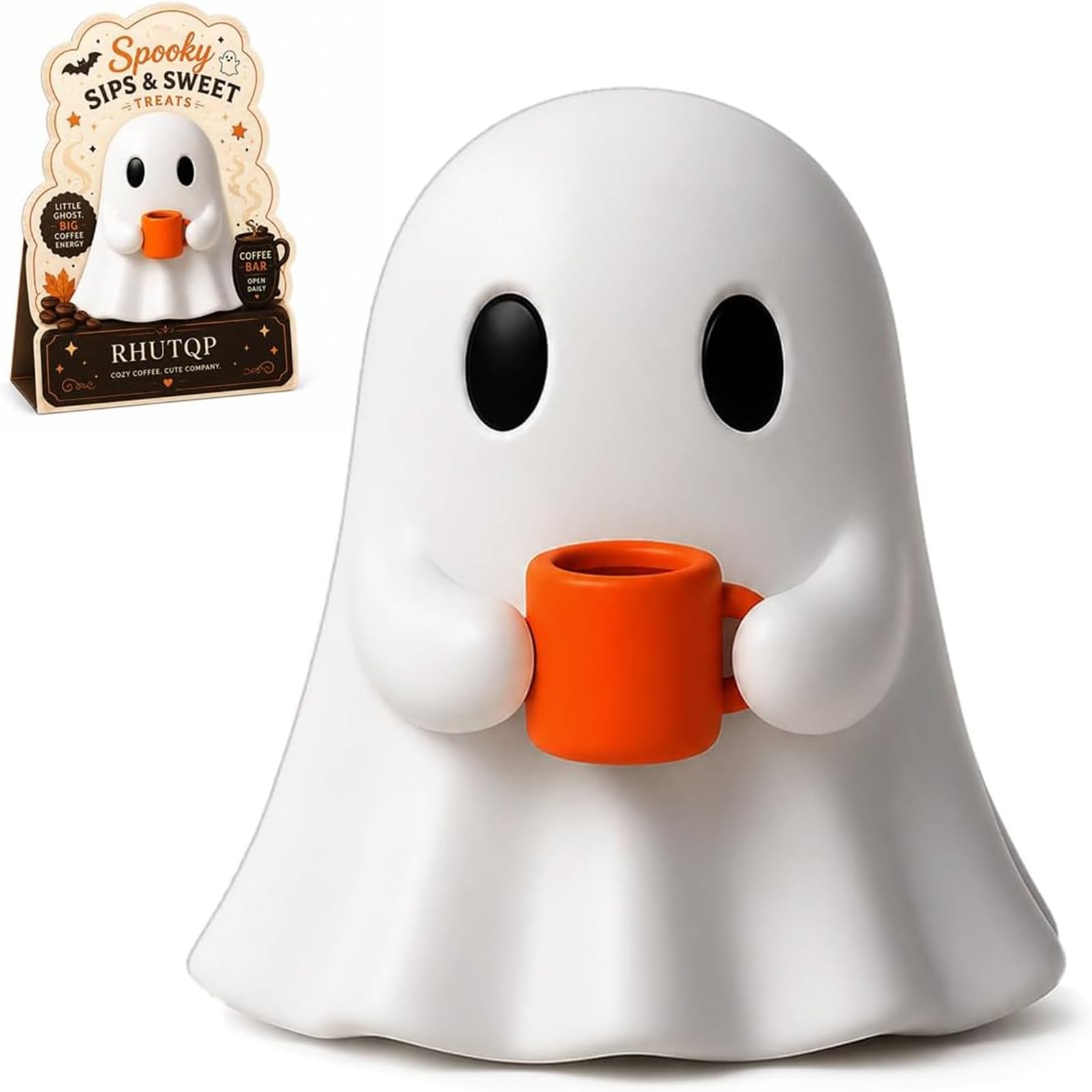 Ghost Drinking Coffee Figurine, 3.15 Inch Cute Halloween Coffee Bar Decor